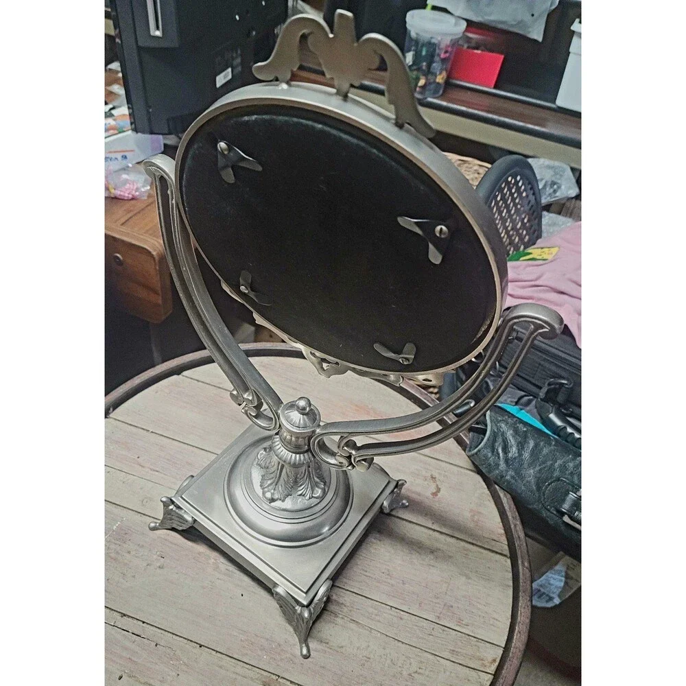 Antique French Brass Table Mirror, Baroque Round Vanity Mirror, Patina